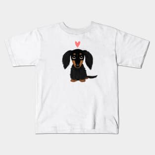 Black and Tan Longhaired Dachshund Cartoon Dog with Heart Kids T-Shirt